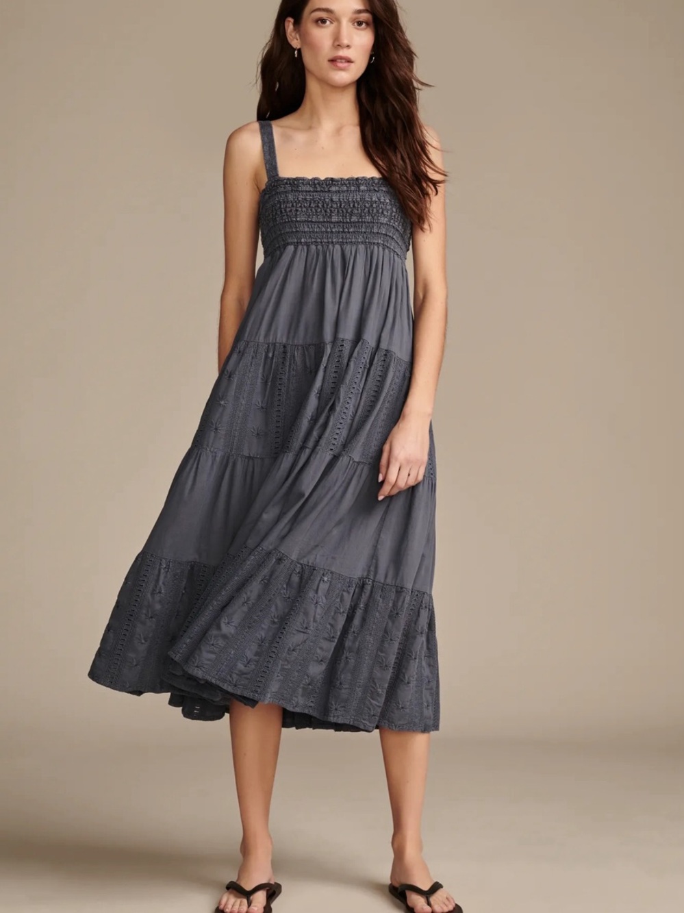 Lucky Brand Charcoal Smocked Tiered Midi Dress